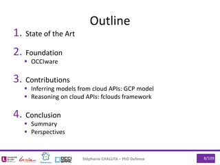 1. State of the Art
2. Foundation
 OCCIware
3. Contributions
 Inferring models from cloud APIs: GCP model
 Reasoning on...