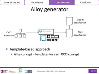  Template-based approach
 Alloy concept = templates for each OCCI concept
conforms to
94/109Stéphanie CHALLITA – PhD Def...