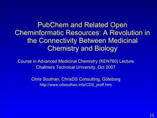 PubChem and Related Open Cheminformatic Resources: A Revolution in the Connectivity Between Medicinal Chemistry and Biology ,[object Object],[object Object],[object Object],[object Object]