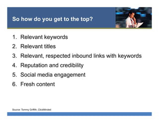 So how do you get to the top?
1.  Relevant keywords
2.  Relevant titles
3.  Relevant, respected inbound links with keywords
4.  Reputation and credibility
5.  Social media engagement
6.  Fresh content
Source: Tommy Griffith, ClickMinded
 