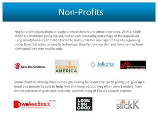 Non-Profits
Not for profit organizations struggle to retain donors and attract new ones. With a $300+
billion US charitable giving market, and an ever increasing percentage of the population
using smartphones ($37 million texted to Haiti), charities are eager to tap into a growing
donor base that relies on mobile technology. Despite the clear demand, few charities have
developed their own mobile apps.

Some charities already have campaigns linking behavior change to giving (i.e. give up a
meal and donate its cost to help feed the hungry), but they often aren’t mobile, have
limited selection of goals and recipients, and lack many of Chalo's support systems.

 