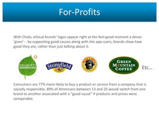 For-Profits
With Chalo, ethical brands' logos appear right at the feel-good moment a donor
'gives' -- by supporting good causes along with the app-users, brands show how
good they are, rather than just talking about it.

Etc…
Consumers are 77% more likely to buy a product or service from a company that is
socially responsible. 89% of Americans between 13 and 25 would switch from one
brand to another associated with a "good cause” if products and prices were
comparable.

 