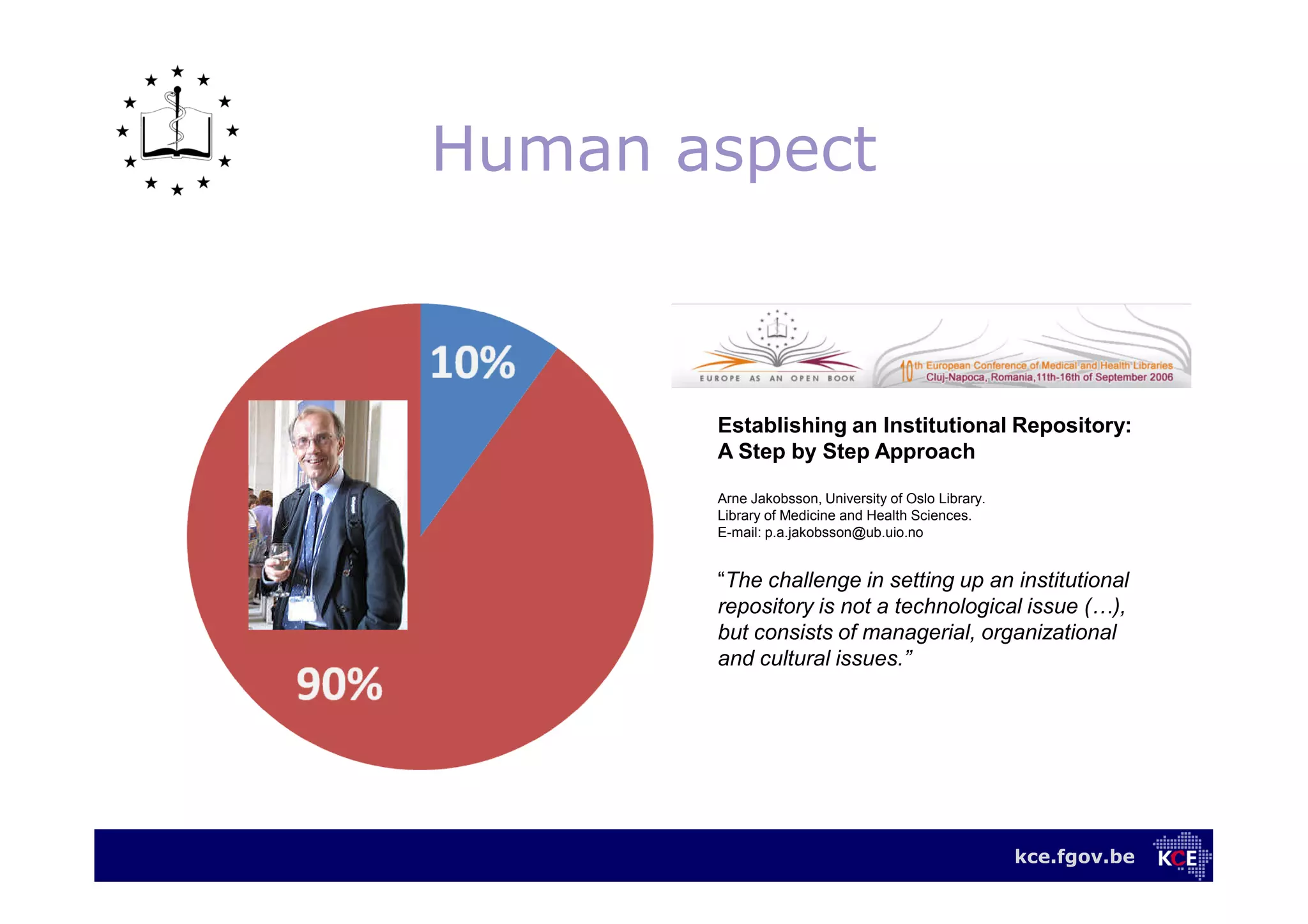 kce.fgov.be
Human aspect
Establishing an Institutional Repository:
A Step by Step Approach
Arne Jakobsson, University of Oslo Library.
Library of Medicine and Health Sciences.
E-mail: p.a.jakobsson@ub.uio.no
“The challenge in setting up an institutional
repository is not a technological issue (…),
but consists of managerial, organizational
and cultural issues.”
 