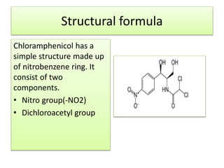Structural formula
Chloramphenicol has a
simple structure made up
of nitrobenzene ring. It
consist of two
components.
• Nitro group(-NO2)
• Dichloroacetyl group
 