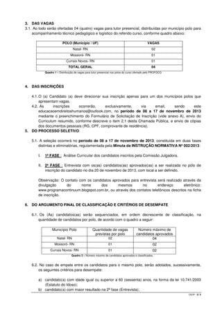 3. DAS VAGAS
3.1. Ao todo serão ofertadas 04 (quatro) vagas para tutor presencial, distribuídas por município polo para
acompanhamento técnico pedagógico e logístico do referido curso, conforme quadro abaixo:
POLO (Município / UF)

VAGAS

Natal- RN

02

Mossoró- RN

01

Currais Novos- RN

01

TOTAL GERAL

04

Quadro 1 – Distribuição de vagas para tutor presencial nos polos do curso ofertado pelo PROFOCO.

4. DAS INSCRIÇÕES
4.1. O (a) Candidato (a) deve direcionar sua inscrição apenas para um dos municípios polos que
apresentam vagas.
4.2. As
inscrições
ocorrerão,
exclusivamente,
via
email,
sendo
este
educacaoemdireitoshumanos@outlook.com, no período de 08 a 17 de novembro de 2013
mediante o preenchimento do Formulário de Solicitação de Inscrição (vide anexo A), envio do
Curriculum resumido, conforme descreve o item 2.1 desta Chamada Pública, e envio de cópias
dos documentos pessoais (RG, CPF, comprovante de residência).
5. DO PROCESSO SELETIVO
5.1. A seleção ocorrerá no período de 08 a 17 de novembro de 2013, constituída em duas fases
distintas e eliminatórias, regulamentada pela Minuta da INSTRUÇÃO NORMATIVA Nº 002/2013:
I.

1ª FASE : Análise Curricular dos candidatos inscritos pela Comissão Julgadora.

II. 2ª FASE : Entrevista com os(as) candidatos(as) aprovados(as) a ser realizada no pólo de
inscrição do candidato no dia 20 de novembro de 2013, com local a ser definido.
Observação: O contato com os candidatos aprovados para entrevista será realizado através da
divulgação
do
nome
dos
mesmos
no
endereço
eletrônico:
www.programacontinuum.blogspot.com.br, ou através dos contatos telefônicos descritos na ficha
de inscrição.
6. DO ARGUMENTO FINAL DE CLASSIFICAÇÃO E CRITÉRIOS DE DESEMPATE
6.1. Os (As) candidatos(as) serão sequenciados, em ordem decrescente de classificação, na
quantidade de candidatos por polo, de acordo com o quadro a seguir:
Município Polo

Quantidade de vagas
previstas por polo

Natal- RN

02

Número máximo de
candidatos aprovados
04

Mossoró- RN

01

02

Currais Novos- RN

01

02

Quadro 2 – Número máximo de candidatos aprovados e classificados,

6.2. No caso de empate entre os candidatos para o mesmo polo, serão adotados, sucessivamente,
os seguintes critérios para desempate:
a) candidato(a) com idade igual ou superior a 60 (sessenta) anos, na forma da lei 10.741/2003
(Estatuto do Idoso);
b) candidato(a) com maior resultado na 2ª fase (Entrevista);
CR/JP - 2/ 5

 