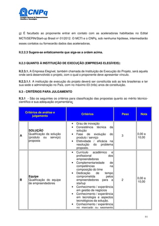 g) É facultado ao proponente entrar em contato com as aceleradoras habilitadas no Edital
MCTI/SEPIN/Start-up Brasil no 01/2012. O MCTI e o CNPq, sob nenhuma hipótese, intermediarão
esses contatos ou fornecerão dados das aceleradoras.

II.2.2.3 Sugere-se enfaticamente que siga-se a ordem acima.


II.2.3 QUANTO À INSTITUIÇÃO DE EXECUÇÃO (EMPRESAS ELEGÍVEIS):

II.2.3.1. A Empresa Elegível, também chamada de Instituição de Execução do Projeto, será aquela
onde será desenvolvido o projeto, com o qual o proponente deve apresentar vínculo.

II.2.3.1.1. A instituição de execução do projeto deverá ser constituída sob as leis brasileiras e ter
sua sede e administração no País, com no máximo 03 (três) anos de constituição.

II.3 - CRITÉRIOS PARA JULGAMENTO

II.3.1 - São os seguintes os critérios para classificação das propostas quanto ao mérito técnico-
científico e sua adequação orçamentária:


    Critérios de análise e
                                                Critérios                       Peso           Nota
         julgamento

                                         •   Grau de inovação
                                         •   Consistência técnica da
       SOLUÇÃO                               solução
       Qualificação da solução           •   Fase de evolução do                            0,00 a
A                                                                               3
       (produto ou serviço)                  produto / serviço                              10,00
       proposta                          •   Efetividade / eficácia na
                                             resolução do problema
                                             proposto.
                                         •   Currículo    acadêmico    e
                                             profissional           dos
                                             empreendedores
                                         •   Complementariedade       de
                                             competências             na
                                             composição do time
                                         •   Dedicação       de   tempo
       Equipe                                comprometida          pelos
                                                                                            0,00 a
B      Qualificação do equipe                empreendedores para a              2
                                                                                            10,00
       de empreendedores                     startup
                                         •   Conhecimento / experiência
                                             em gestão de negócios
                                         •   Conhecimento / experiência
                                             em tecnologia e aspectos
                                             tecnológicos da solução.
                                         •   Conhecimento / experiência
                                             no mercado ou segmento


                                                                                                  11
 