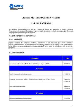 Chamada MCTI/SEPIN/CNPq N º 11/2013

                                       II - REGULAMENTO

O presente REGULAMENTO tem por finalidade definir as atividades a serem apoiadas
financeiramente e as condições para implementação do apoio, mediante a seleção, por Chamada,
de propostas para execução de projetos.

II.1. DAS DISPOSIÇÕES ESPECÍFICAS

II.1.1. DO OBJETO

Apoiar projetos de pesquisa científica, tecnológica e de inovação que visem contribuir
significativamente para o desenvolvimento econômico e tecnológico do País e que desenvolvam
e/ou utilizem ferramentas de software e serviços de TI como parte da solução, produto ou serviço
proposto.


II.1.2. CRONOGRAMA


                                       Atividades                                         Data


Lançamento da Chamada no Diário Oficial da União e na página do CNPq                   15/04/2013



                                                 1a rodada


Data limite para submissão das propostas                                               31/05/2013



Divulgação dos resultados no Diário Oficial da União e na página do CNPq na internet   A partir de
                                                                                       25/06/2013



Apoio às propostas aprovadas                                                           A partir de
                                                                                       15/07/2013



                                                 2a rodada


Data limite para submissão das propostas                                               19/11/2013




                                                                                                     7
 