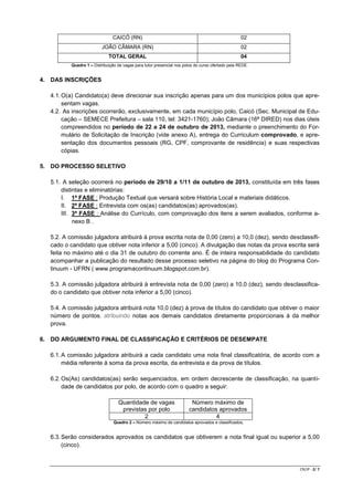 CAICÓ (RN)

02

JOÃO CÂMARA (RN)

02

TOTAL GERAL

04

Quadro 1 – Distribuição de vagas para tutor presencial nos polos do...