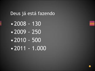 Deus já está fazendo 2008 - 130 2009 - 250 2010 - 500 2011 - 1.000  