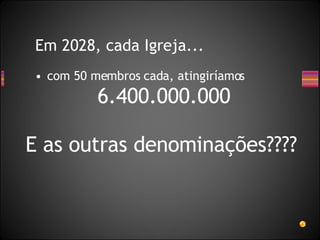 Em 2028, cada Igreja... com 50 membros cada, atingiríamos 6.400.000.000 E as outras denominações???? 