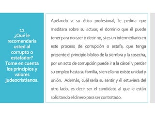 11
¿Qué le
recomendaría
usted al
corrupto o
estafador?
Tome en cuenta
los principios y
valores
judeocristianos.
Apelando a su ética profesional, le pediría que
meditara sobre su actuar, el dominio que él puede
tenerparano caero decirno,siesun intermediarioen
este proceso de corrupción o estafa, que tenga
presenteelprincipiobíblicodelasiembraylacosecha,
por un acto de corrupción puede ir a la cárcel y perder
suempleohastasufamilia,sienellanoexisteunidady
unión. Además, cuál sería su sentir y él estuviera del
otro lado, es decir ser el candidato al que le están
solicitandoeldineroparasercontratado.
 