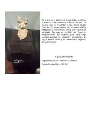 Es al que se le atribuye la capacidad de modificar
la realidad o la percepción colectiva de esta, de
manera que no responden a una lógica causal.
Cumplen un papel central en las comunidades
cazadoras y recolectoras, como depositarios de
sabiduría. Su don es recibido por herencia,
ocasionalmente por vocación, pero suele exigir
siempre pasajes de iniciación, consistentes en
largos ayunos, retiros y, en ciertos casos, ingestión
de alucinógenos.
Figura antropomorfa
Representación de chaman o curandero
Sur de Sinaloa 500 – 740 D.C
 