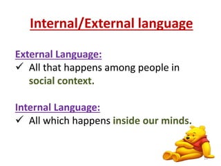 Internal/External language 
External Language: 
 All that happens among people in 
social context. 
Internal Language: 
 All which happens inside our minds. 
19 
 
