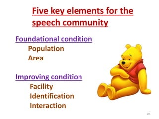 Five key elements for the 
speech community 
Foundational condition 
Population 
Area 
Improving condition 
Facility 
Identification 
Interaction 
20 
 