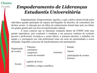 Chama
Verde Empoderamento de Lideranças
Estudantis Universitária
Empoderamento (Empowerment) significa a ação coletiva desenvolvida pelos
indivíduos quando participam de espaços privilegiados de decisões, de consciência dos
direitos sociais. A educação por ele difere do conhecimento formal tanto pela sua ênfase
nos grupos quanto pelo seu foco na transformação cultural.
É nesse contexto que as lideranças estudantis dentro da UFRPE terão uma
grande importância, pois conduzirá o estudante a um processo continuo de evolução
pessoal e profissional, levando-os a serem lideres, a tomarem decisões, a trabalhar em
equipe e a enxergarem sua vida profissional como um ramo de oportunidades a serem
almejadas. Seguindo o processo de transbordamento eles participaram:
Palestras
seminários
congressos
cursos de extensão
capítulo de livros
trabalhos e artigos científicos
Stander
banner
participação de eventos
externos
Amostras
Organização
de eventos
Escrita
 