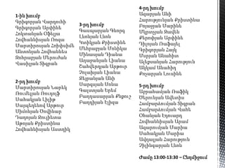 1-ին խումբ
Գրիգորյան Վարդուհի
Գրիգորյան Արփինե
Հոկտանյան Օֆելյա
Հովհաննիսյան Ռոզա
Մարտիրոսյան Հռիփսիմե
Անտոնյան Հովհաննես
Զոհրաբյան Մերուժան
Վասիլյան Տիգրան
2-րդ խումբ
Մարտիրոսյան Նարեկ
Ռումելյան Ռուդոլֆ
Սահակյան Լիլիթ
Սայպեդենով Արթուր
Սիմոնյան Ծովինար
Դադոյան Ջուլիետա
Աթոյան Քրիստինա
Հովհաննիսյան Աստղիկ
3-րդ խումբ
Գասպարյան Գևորգ
Լևոնյան Լևոն
Կտիկյան Քրիստինե
Մեհրաբյան Մոնիկա
Մինասյան Դիանա
Աղաջանյան Լիանա
Շահվերդյան Արթուր
Չոլախյան Լիանա
Ջեյրանյան Անի
Սարգսյան Սոնա
Գալստյան Երեմ
Բաղդասարյան Քնքուշ
Բաղդիյան Էլիզա
4-րդ խումբ
Ազարյան Անի
Հարությունյան Քրիստինա
Բոյաջյան Մարինե
Մկրտչյան Զավեն
Քերոփյան Արփինե
Դիլոյան Ռաֆայել
Գրիգորյան Հայկ
Մսրյան Անահիտ
Ալեքսանյան Հարություն
Ակկամ Անահիդ
Քոչարյան Լուսինե
5-րդ խումբ
Աբրահամյան Ռաֆիկ
Ծերունյան Ավետիս
Համբարձումյան Տիգրան
Համբարձումյան Վահե
Օհանյան Էդուարդ
Հովհաննիսյան Արամ
Ազարումյան Մարիա
Սահակյան Մարիա
Ավդալյան Հարություն
Չիլինգարյան Լևոն
Ժամը 13:00-13:30 – Ընդմիջում
 
