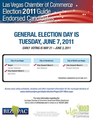 Las Vegas Chamber of Commerce
Election 2011 Guide
Endorsed Candidates*

            GENERAL ELECTION DAY IS
             TUESDAY, JUNE 7, 2011
                      EARLY VOTING IS MAY 21 – JUNE 3, 2011


       City of Las Vegas                        City of Henderson                       City of North Las Vegas

    Mayor                                    City Council Ward 4                      City Council Ward 4
    Carolyn Goodman                          Sam Bateman                              Richard Cherchio
    City Council Ward 3
    Bob Coffin

                                                                          *ENDORSED CANDIDATES AS OF MAY 2011




Access early voting schedules, locations and other important information for the municipal elections at
                   www.clarkcountynv.gov/depts/election/Pages/2011Muni.aspx

                                        For more information regarding the
                           Las Vegas Chamber of Commerce Government Affairs Department
                            visit us online at LVChamber.com or contact us at 702.641.5822



                                            *Contributions to BizPAC are
                                        voluntary and are not tax-deductible
                                          for federal income tax purposes
 