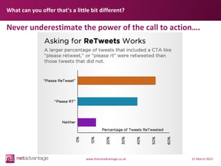 What can you offer that’s a little bit different?

Never underestimate the power of the call to action….




                                 www.thenetadvantage.co.uk   21 March 2013
 
