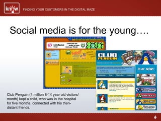 Social media is for the young…. Club Penguin (4 million 8-14 year old visitors/month) kept a child, who was in the hospital for five months, connected with his then-distant friends.   