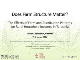 Does Farm Structure Matter?
The Effects of Farmland Distribution Patterns
on Rural Household Incomes in Tanzania
Jordan Chamberlin, CIMMYT
T. S. Jayne, MSU
Rural Transformation in the 21st Century: The Challenges of Low-Income, Late-Transforming Countries
PIM pre-conference workshop
International Conference of Agricultural Economists
July 28, Vancouver, BC, Canada
 