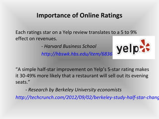 Importance of Online Ratings
Each ratings star on a Yelp review translates to a 5 to 9%
effect on revenues.
- Harvard Business School
http://hbswk.hbs.edu/item/6836.html
“A simple half-star improvement on Yelp’s 5-star rating makes
it 30-49% more likely that a restaurant will sell out its evening
seats.”
- Research by Berkeley University economists
http://techcrunch.com/2012/09/02/berkeley-study-half-star-chang
 