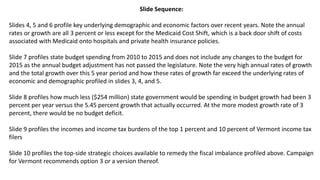 Slide Sequence:
Slides 4, 5 and 6 profile key underlying demographic and economic factors over recent years. Note the annual
rates or growth are all 3 percent or less except for the Medicaid Cost Shift, which is a back door shift of costs
associated with Medicaid onto hospitals and private health insurance policies.
Slide 7 profiles state budget spending from 2010 to 2015 and does not include any changes to the budget for
2015 as the annual budget adjustment has not passed the legislature. Note the very high annual rates of growth
and the total growth over this 5 year period and how these rates of growth far exceed the underlying rates of
economic and demographic profiled in slides 3, 4, and 5.
Slide 8 profiles how much less ($254 million) state government would be spending in budget growth had been 3
percent per year versus the 5.45 percent growth that actually occurred. At the more modest growth rate of 3
percent, there would be no budget deficit.
Slide 9 profiles the incomes and income tax burdens of the top 1 percent and 10 percent of Vermont income tax
filers
Slide 10 profiles the top-side strategic choices available to remedy the fiscal imbalance profiled above. Campaign
for Vermont recommends option 3 or a version thereof.
 