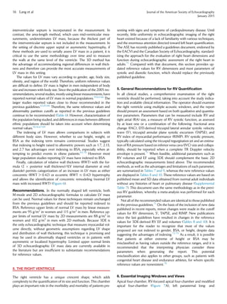 interventricular septum is incorporated in the measurement. In
contrast, the area-length method, which uses mid-ventricular mea-
surements, underestimates LV mass, because the thickest part of
the interventricular septum is not included in the measurement. In
the setting of discrete upper septal or asymmetric hypertrophy, if
these methods are used to serially assess LV mass in a patient, it is
critical to use the same methodology over time and to measure
the walls at the same level of the ventricle. The 3D method has
the advantage of accommodating regional differences in wall thick-
ness and therefore can provide the most accurate measurements of
LV mass in this setting.
The values for LV mass vary according to gender, age, body size,
obesity, and region of the world. Therefore, uniform reference values
are difﬁcult to deﬁne. LV mass is higher in men independent of body
size and increases with body size. Since the publication of the 2005 rec-
ommendations, severalstudies, mostlyusinglinearmeasurements, have
reported normal values of LV mass in normal populations.59,62-66
The
larger studies reported values close to those recommended in the
previous guidelines.62,65,66
Therefore, the same reference values and
abnormality partition cutoffs as reported in the previous guidelines
continue to be recommended (Table 6). However, characterization of
the population being studied, and differences in mass between different
ethnic populations should be taken into account when determining
normal values.10,16,67-69
The indexing of LV mass allows comparisons in subjects with
different body sizes. However, whether to use height, weight, or
BSA as the indexing term remains controversial. Studies suggest
that indexing to height raised to allometric powers such as 1.7, 2.13,
and 2.7 has advantages over indexing to BSA, especially when at-
tempting to predict events in obese patients.65,70
However most
large population studies reporting LV mass have indexed to BSA.
Finally, calculation of relative wall thickness (RWT) with the for-
mula (2 Â posterior wall thickness)/(LV internal diameter at end-
diastole) permits categorization of an increase in LV mass as either
concentric (RWT  0.42) or eccentric (RWT # 0.42) hypertrophy
and allows the identiﬁcation of concentric remodeling (normal LV
mass with increased RWT) (Figure 6).
Recommendations. In the normally shaped left ventricle, both
M-mode and 2D echocardiographic formulas to calculate LV mass
can be used. Normal values for these techniques remain unchanged
from the previous guidelines and should be reported indexed to
BSA. Reference upper limits of normal LV mass by linear measure-
ments are 95 g/m2
in women and 115 g/m2
in men. Reference up-
per limits of normal LV mass by 2D measurements are 88 g/m2
in
women and 102 g/m2
in men with 2D methods. Because 3DE is
the only echocardiographic technique that measures myocardial vol-
ume directly, without geometric assumptions regarding LV shape
and distribution of wall thickening, this technique is promising and
may be used in abnormally shaped ventricles or in patients with
asymmetric or localized hypertrophy. Limited upper normal limits
of 3D echocardiographic LV mass data are currently available in
the literature but are insufﬁcient to substantiate recommendations
for reference values.
II. THE RIGHT VENTRICLE
The right ventricle has a unique crescent shape, which adds
complexity to the quantiﬁcation of its size and function. This chamber
plays an important role in the morbidity and mortality of patients pre-
senting with signs and symptoms of cardiopulmonary disease. Until
recently, little uniformity in echocardiographic imaging of the right
heart existed because of a lack of familiarity with various techniques,
and the enormous attention directed toward left heart quantiﬁcation.
The ASE has recently published a guidelines document, endorsed by
the EACVI and the Canadian Society of Echocardiography, standard-
izing the approach for the evaluation of right heart dimensions and
function during echocardiographic assessment of the right heart in
adults.71
Compared with that document, this section provides up-
dated reference values for RV dimensions and most parameters of
systolic and diastolic function, which should replace the previously
published guideline.
5. General Recommendations for RV Quantiﬁcation
In all clinical studies, a comprehensive examination of the right
ventricle should be performed, taking into account the study indica-
tion and available clinical information. The operator should examine
the right ventricle using multiple acoustic windows, and the report
should present an assessment based on both qualitative and quantita-
tive parameters. Parameters that can be measured include RV and
right atrial (RA) size, a measure of RV systolic function, as assessed
by at least one or a combination of the following: fractional area
change (FAC), DTI-derived tricuspid lateral annular systolic velocity
wave (S0
), tricuspid annular plane systolic excursion (TAPSE), and
RV index of myocardial performance (RIMP). RV systolic pressure,
typically calculated using the tricuspid regurgitation jet and an estima-
tion of RA pressure based on inferior vena cava (IVC) size and collaps-
ibility, should be reported when a complete TR Doppler velocity
envelope is present.71
When feasible, additional parameters such as
RV volumes and EF using 3DE should complement the basic 2D
echocardiographic measurements listed above. The recommended
methods, as well as the advantages and limitations of each parameter,
are summarized in Tables 7 and 9, whereas the new reference values
are displayed in Tables 8 and 10. These reference values are based on
published mean and SD data obtained from normal adult individuals
without any histories of heart or pulmonary disease (Supplemental
Table 7). This document uses the same methodology as in the previ-
ous RV guidelines, whereby a meta-analysis was performed for each
parameter.
Not all of the recommended values are identical to those published
in the previous guidelines.71
On the basis of the inclusion of new data
published in recent reports, minor changes were made in the cutoff
values for RV dimension, S0
, TAPSE, and RIMP. New publications
since the last guidelines have resulted in changes in the reference
values for 3DE-derived RV EF and volumes (Tables 8 and 10). It is
important for the reader to recognize that most of the values
proposed are not indexed to gender, BSA, or height, despite data
suggesting the advantages of indexing.72-75
As a result, it is possible
that patients at either extreme of height or BSA may be
misclassiﬁed as having values outside the reference ranges, and it is
recommended that the interpreting physician consider these
parameters when generating the report. This potential
misclassiﬁcation also applies to other groups, such as patients with
congenital heart disease and endurance athletes, for whom speciﬁc
reference values are nonexistent.76
6. Essential Imaging Windows and Views
Apical four-chamber, RV-focused apical four-chamber and modiﬁed
apical four-chamber (Figure 7A), left parasternal long- and
16 Lang et al Journal of the American Society of Echocardiography
January 2015
 
