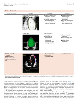 At the mitral valve level, the contour is closed by connecting the two
opposite sections of the mitral ring with a straight line. LV length is
deﬁned as the distance between the bisector of this line and the apical
point of the LV contour, which is most distant to it. The use of the
longer LV length between the apical two- and four-chamber views
is recommended.
LV volumes should be measured from the apical four- and
two-chamber views. Two-dimensional echocardiographic image
acquisition should aim to maximize LV areas, while avoiding fore-
shortening of the left ventricle, which results in volume underes-
timation. Acquiring LV views at a reduced depth to focus on
the LV cavity will reduce the likelihood of foreshortening and
minimize errors in endocardial border tracings (Table 1).
Because the issue of foreshortening is less relevant in 3D data
sets, 3D image acquisition should focus primarily on including
the entire left ventricle within the pyramidal data set. To ensure
reasonably accurate identiﬁcation of end-systole, the temporal res-
olution of 3D imaging should be maximized without compro-
mising spatial resolution.
Contrast agents should be used when needed to improve endocar-
dial delineation when two or more contiguous LV endocardial
segments are poorly visualized in apical views, as per published guide-
lines.4
Contrast-enhanced images may provide larger volumes than
unenhanced images that are closer to those obtained with cardiac
Table 1 (Continued)
Parameter and method Technique Advantages Limitations
Endocardial border enhancement
3D data sets
 Helpful in patients with
suboptimal acoustic
window
 Provides volumes that
are closer to those
measured with cardiac
magnetic resonance
 No geometrical
assumption
 Unaffected by
foreshortening
 More accurate and
reproducible
compared to other
imaging modalities
 Same limitations as
the above non-
contrast 2D
techniques
 Acoustic shadowing in
LV basal segments
with excess contrast
 Lower temporal
resolution
 Less published data
on normal values
 Image quality
dependent
Global Longitudinal
Strain.
Peak value of 2D
longitudinal speckle
tracking derived strain
(%).
 Angle independent
 Established
prognostic value
 Vendor dependent
2D, two-dimensional; 3D, three-dimensional; A2C, apical 2-chamber view; A4C, apical 4-chamber view; EDV, end-diastolic volume; ESV, end-sys-
tolic volume; LV, left ventricular.
Journal of the American Society of Echocardiography
Volume 28 Number 1
Lang et al 5
 
