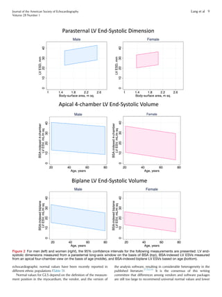 echocardiographic normal values have been recently reported in
different ethnic populations (Table 3).
Normal values for GLS depend on the deﬁnition of the measure-
ment position in the myocardium, the vendor, and the version of
the analysis software, resulting in considerable heterogeneity in the
published literature.27,32,33
It is the consensus of this writing
committee that differences among vendors and software packages
are still too large to recommend universal normal values and lower
Figure 2 For men (left) and women (right), the 95% conﬁdence intervals for the following measurements are presented: LV end-
systolic dimensions measured from a parasternal long-axis window on the basis of BSA (top), BSA-indexed LV ESVs measured
from an apical four-chamber view on the basis of age (middle), and BSA-indexed biplane LV ESVs based on age (bottom).
Journal of the American Society of Echocardiography
Volume 28 Number 1
Lang et al 9
 