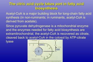 The citric acid cycle takes part in fatty acidThe citric acid cycle takes part in fatty acid
biosynthesisbiosynthesis
Acetyl-CoA is a major building block for long-chain fatty acid
synthesis (in non-ruminants; in ruminants, acetyl-CoA is
derived from acetate).
Since pyruvate dehydrogenase is a mitochondrial enzyme
and the enzymes needed for fatty acid biosynthesis are
extramitrochondrial, the acetyl-CoA is recovered as citrate,
cleaved back to acetyl-CoA in the cytosol by ATP-citrate
lyase
 