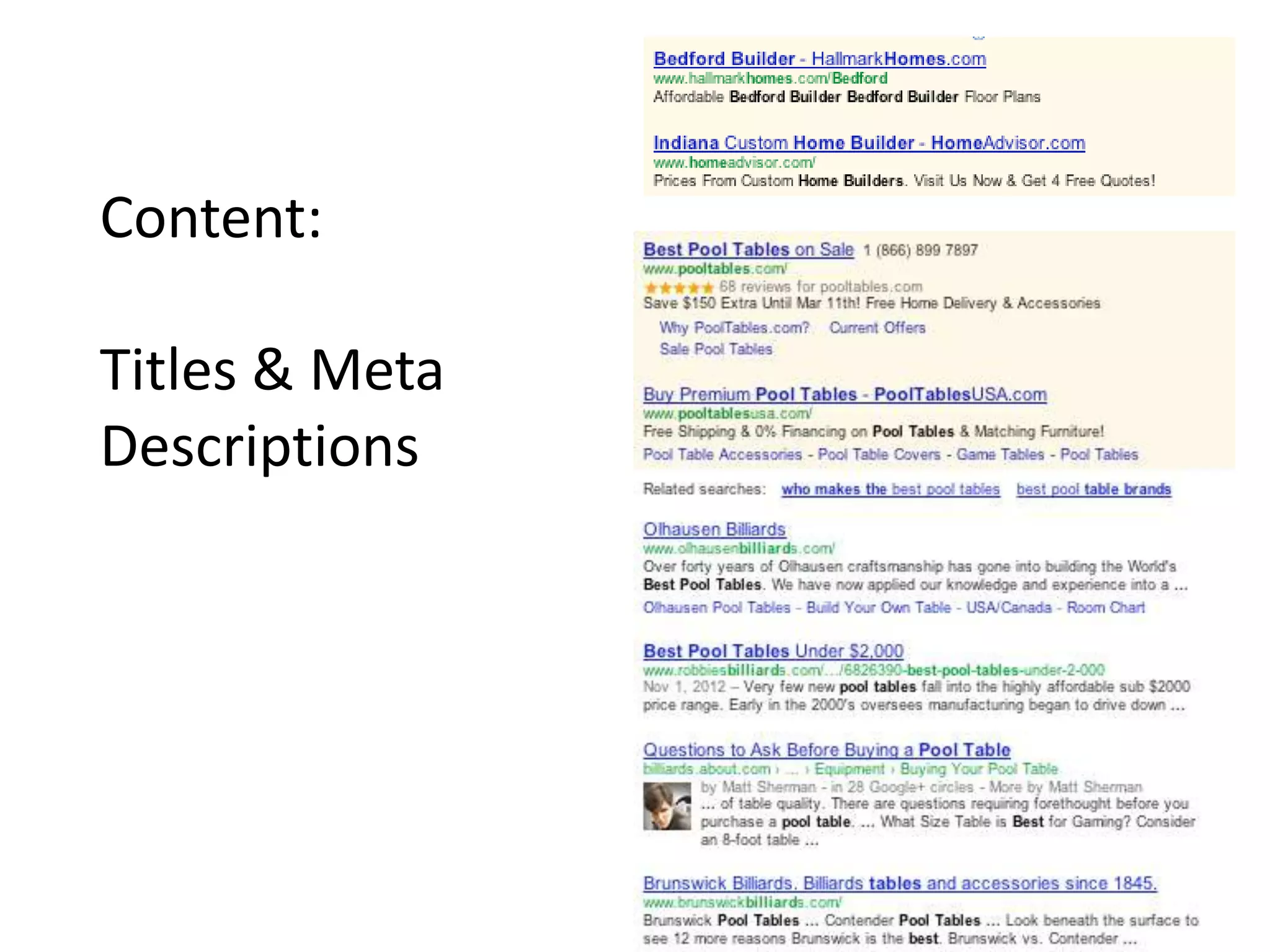 Content:
Titles & Meta
Descriptions
 