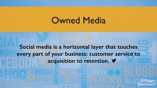 Owned Media
Social media is a horizontal layer that touches
every part of your business: customer service to
acquisition to retention.
#SWagger
@stoneward
 
