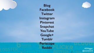 Blog
Facebook
Twitter
Instagram
Pinterest
Snapchat
YouTube
Google+
Tumblr
Periscope
Reddit #SWagger
@stoneward
 
