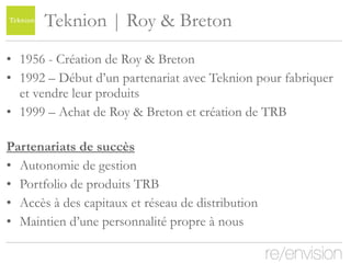 Teknion | Roy & Breton 1956 - Création de Roy & Breton  1992 – Début d’un partenariat avec Teknion pour fabriquer et vendre leur produits  1999 – Achat de Roy & Breton et création de TRB Partenariats de succès Autonomie de gestion Portfolio de produits TRB Accès à des capitaux et réseau de distribution Maintien d’une personnalité propre à nous 