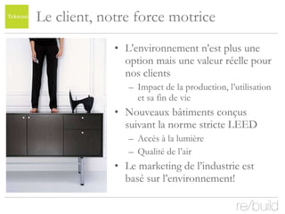 Le client, notre force motrice L’environnement n’est plus une option mais une valeur réelle pour nos clients Impact de la production, l’utilisation et sa fin de vie Nouveaux bâtiments conçus suivant la norme stricte LEED  Accès à la lumière Qualité de l’air Le marketing de l’industrie est basé sur l’environnement! 