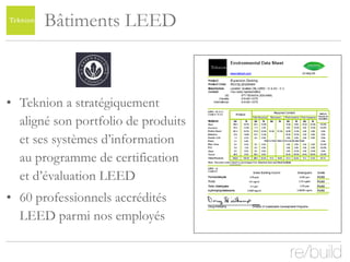 Bâtiments LEED Teknion a stratégiquement aligné son portfolio de produits et ses systèmes d’information au programme de certification et d’évaluation LEED 60 professionnels accrédités LEED parmi nos employés 