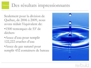 Des résultats impressionnants Seulement pour la division de Québec, de 2006 à 2009, nous avons réduit l’équivalent de: 1500 remorques de 53’ de déchets Assez d’eau pour remplir 122,222 cruches d’eau Assez de gaz naturel pour remplir 432 containers de bateau 