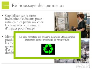 Re-houssage des panneaux Capitaliser sur le vaste inventaire d’éléments pour rafraîchir les panneaux chez le client avec le minimum d’impact pour l’usagé Même construction que le produit initial, manipulé par les mêmes spécialistes, garantissant le même niveau d’esthétique, de valeur et de durabilité qu’un neuf Le tissu remplacé est ensaché pour être utilisé comme protecteur dans l’emballage de nos produits 