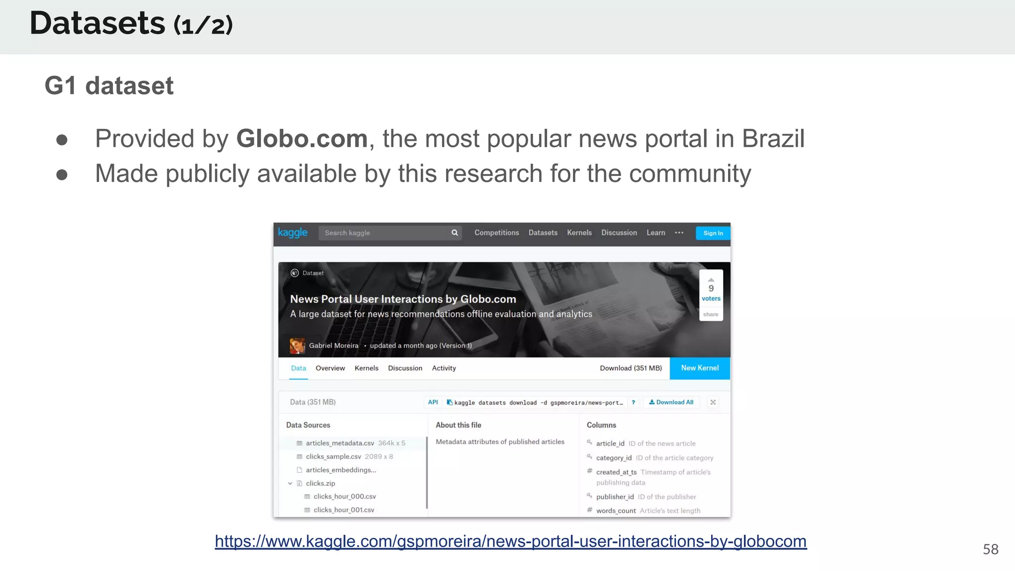 Datasets (1/2)
58
G1 dataset
● Provided by Globo.com, the most popular news portal in Brazil
● Made publicly available by this research for the community
https://www.kaggle.com/gspmoreira/news-portal-user-interactions-by-globocom
 