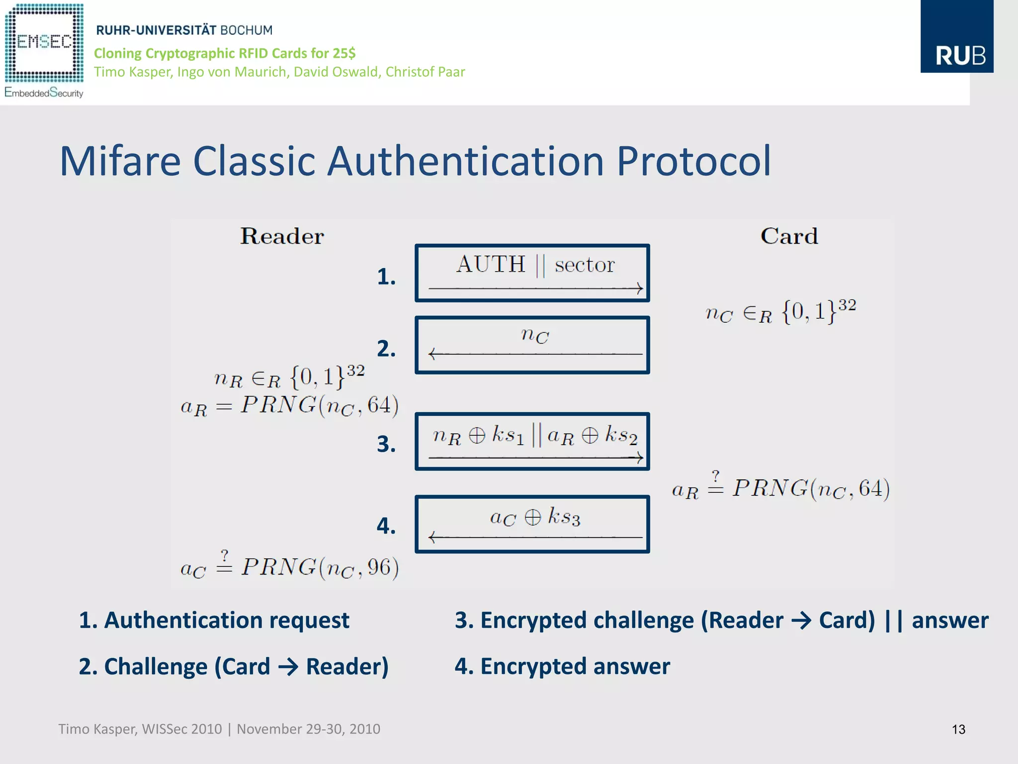 Cloning Cryptographic RFID Cards for 25$
     Timo Kasper, Ingo von Maurich, David Oswald, Christof Paar




Mifare Classic Authentication Protocol

                                                 1.

                                                 2.


                                                 3.


                                                 4.


  1. Authentication request                                  3. Encrypted challenge (Reader → Card) || answer
  2. Challenge (Card → Reader)                               4. Encrypted answer

Timo Kasper, WISSec 2010 | November 29-30, 2010                                                          13
 
