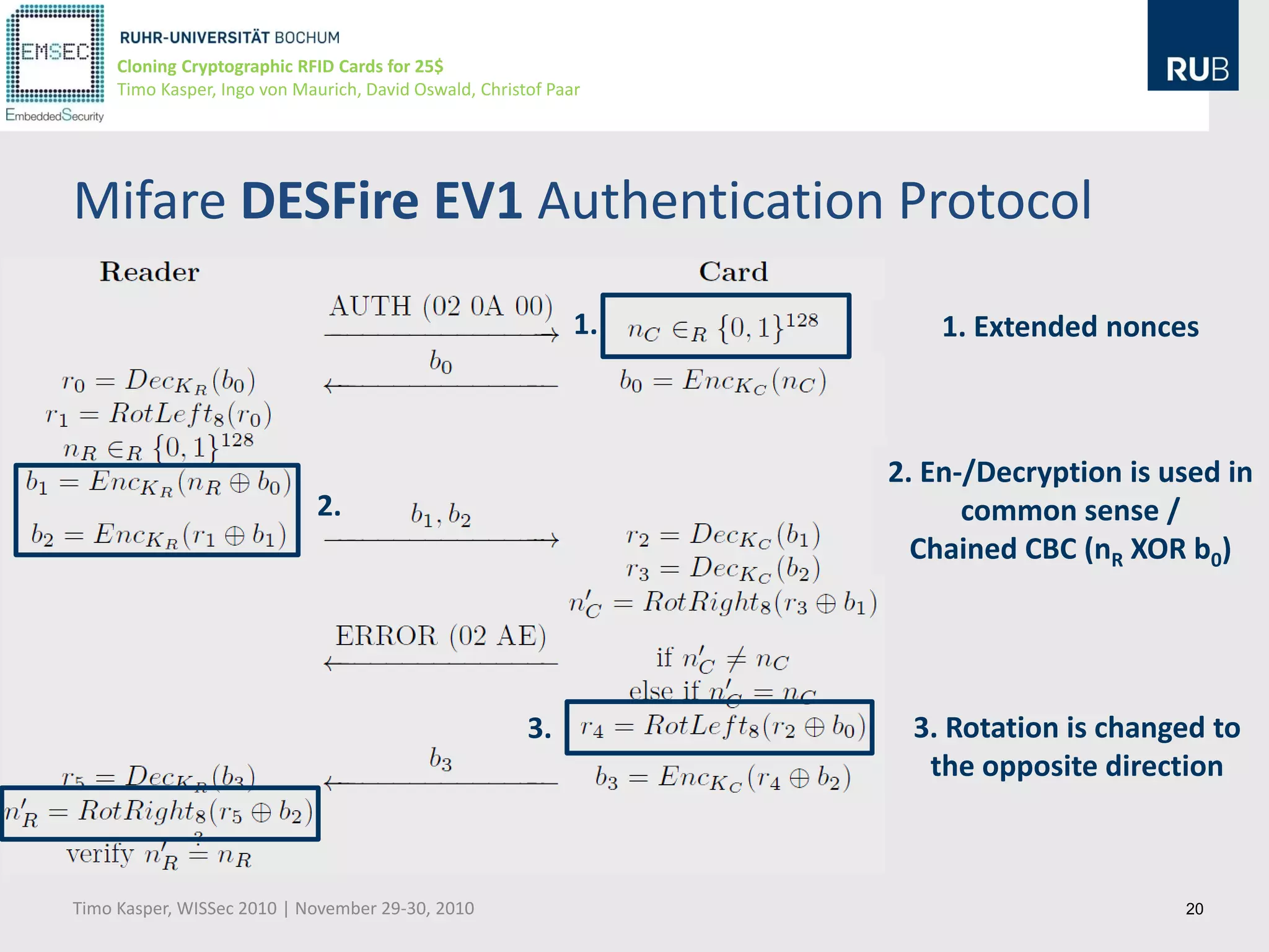 Cloning Cryptographic RFID Cards for 25$
     Timo Kasper, Ingo von Maurich, David Oswald, Christof Paar




Mifare DESFire EV1 Authentication Protocol

                                                              1.       1. Extended nonces



                                                                   2. En-/Decryption is used in
                              2.                                         common sense /
                                                                     Chained CBC (nR XOR b0)




                                                        3.          3. Rotation is changed to
                                                                     the opposite direction



Timo Kasper, WISSec 2010 | November 29-30, 2010                                          20
 