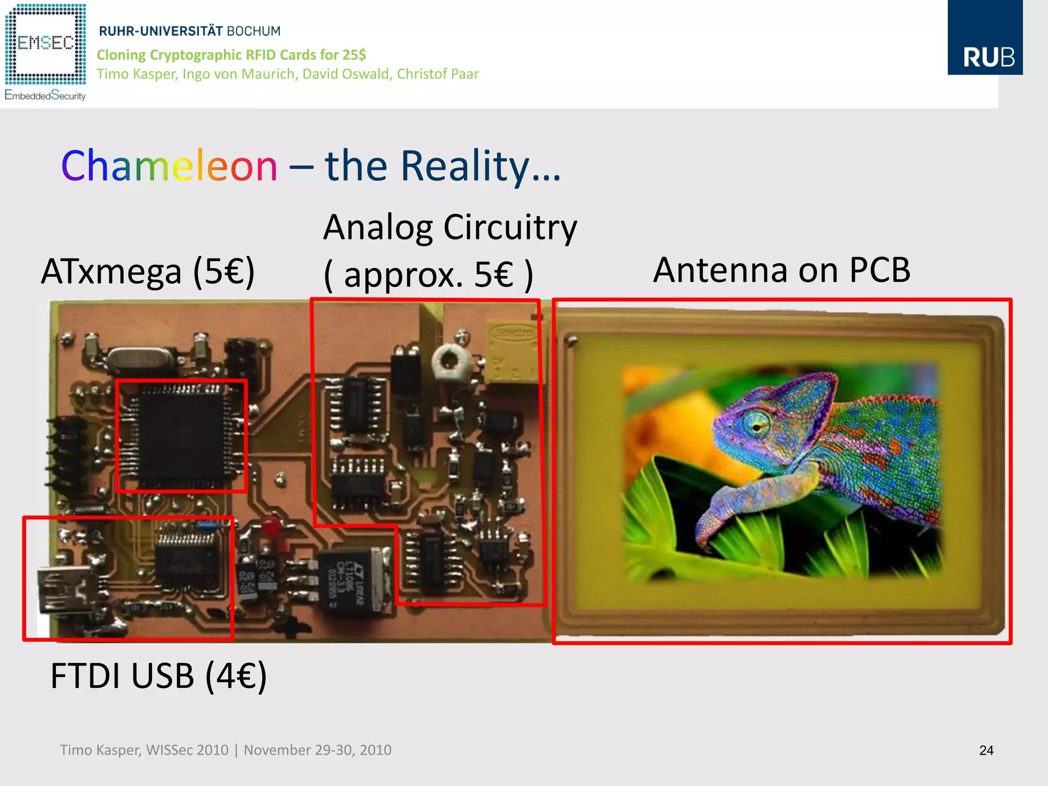 Cloning Cryptographic RFID Cards for 25$
      Timo Kasper, Ingo von Maurich, David Oswald, Christof Paar




                                   – the Reality…
                                        Analog Circuitry
ATxmega (5€)                            ( approx. 5€ )             Antenna on PCB




FTDI USB (4€)
 Timo Kasper, WISSec 2010 | November 29-30, 2010                                    24
 