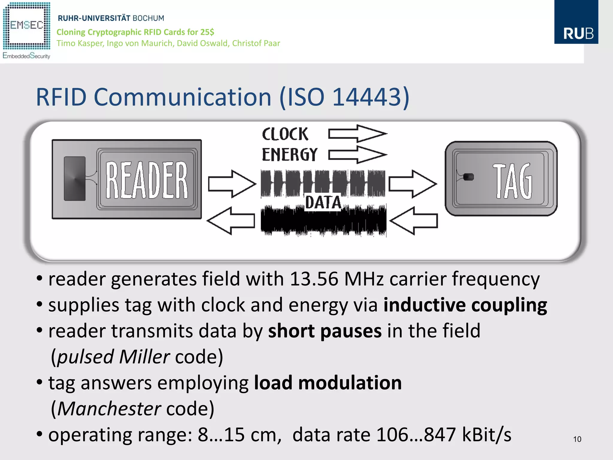 Cloning Cryptographic RFID Cards for 25$
  Timo Kasper, Ingo von Maurich, David Oswald, Christof Paar




RFID Communication (ISO 14443)




• reader generates field with 13.56 MHz carrier frequency
• supplies tag with clock and energy via inductive coupling
• reader transmits data by short pauses in the field
  (pulsed Miller code)
• tag answers employing load modulation
  (Manchester code)
• operating range: 8…15 cm, data rate 106…847 kBit/s           10
 