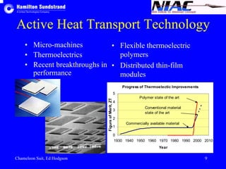 Active Heat Transport Technology 
• Micro-machines 
• Thermoelectrics 
• Recent breakthroughs in 
performance 
• Flexible thermoelectric 
polymers 
• Distributed thin-film 
modules 
Progress of Thermoelectic Improvements 
5 
Polymer state of the art 
Figure of Merit, ZT Conventional material 
4 
3 
2 
1 
0 
state of the art 
Commercially available material 
1930 1940 1950 1960 1970 1980 1990 2000 2010 
Year 
Chameleon Suit, Ed Hodgson 9 
 