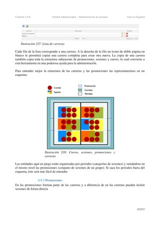 Chamilo 1.8.8 Unidad Administrador ­ Administración de sesiones Guía en Español
Cada fila de la lista corresponde a una carrera. A la derecha de la fila un icono de doble página en 
blanco le permitirá copiar una carrera completa para crear otra nueva. La copia de una carrera 
también copia toda la estructura subyacente de promociones, sesiones y cursos, lo cual convierte a 
esta herramienta en una poderosa ayuda para la administración.
Para entender mejor la estructura de las carreras y las promociones las representaremos en un 
esquema:
Las entidades aquí en juego están organizadas por periodos (categorías de sesiones) y sumándose en 
el mismo nivel las promociones (conjunto de sesiones de un grupo). Si saca los periodos fuera del 
esquema, éste será más fácil de entender.
6.8.2 Promociones
En las promociones forman parte de las carreras y a diferencia de en las carreras pueden incluir 
sesiones de forma directa
213/253
Ilustración 237: Lista de carreras
Ilustración  238:   Cursos,   sesiones,   promociones   y 
carreras
 