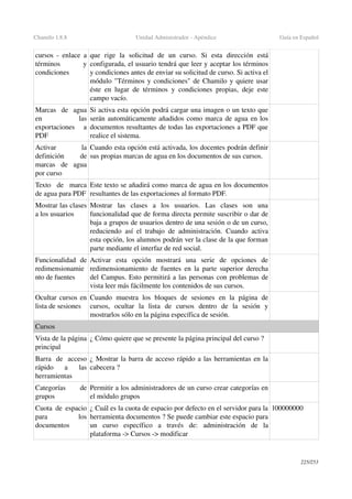 Chamilo 1.8.8 Unidad Administrador ­ Apéndice Guía en Español
cursos ­ enlace a 
términos   y 
condiciones
que   rige   la   solicitud   de   un   curso.   Si   esta   dirección   está 
configurada, el usuario tendrá que leer y aceptar los términos 
y condiciones antes de enviar su solicitud de curso. Si activa el 
módulo "Términos y condiciones" de Chamilo y quiere usar 
éste en lugar de términos y condiciones propias, deje este 
campo vacío.
Marcas   de   agua 
en   las 
exportaciones   a 
PDF
Si activa esta opción podrá cargar una imagen o un texto que 
serán automáticamente añadidos como marca de agua en los 
documentos resultantes de todas las exportaciones a PDF que 
realice el sistema.
Activar   la 
definición   de 
marcas   de   agua 
por curso
Cuando esta opción está activada, los docentes podrán definir 
sus propias marcas de agua en los documentos de sus cursos.
Texto   de   marca 
de agua para PDF
Este texto se añadirá como marca de agua en los documentos 
resultantes de las exportaciones al formato PDF.
Mostrar las clases 
a los usuarios
Mostrar   las   clases   a   los   usuarios.   Las   clases   son   una 
funcionalidad que de forma directa permite suscribir o dar de 
baja a grupos de usuarios dentro de una sesión o de un curso, 
reduciendo así el trabajo de administración. Cuando activa 
esta opción, los alumnos podrán ver la clase de la que forman 
parte mediante el interfaz de red social.
Funcionalidad   de 
redimensionamie
nto de fuentes
Activar   esta   opción   mostrará   una   serie   de   opciones   de 
redimensionamiento de fuentes en la parte superior derecha 
del Campus. Esto permitirá a las personas con problemas de 
vista leer más fácilmente los contenidos de sus cursos.
Ocultar cursos en 
lista de sesiones
Cuando   muestra   los   bloques   de  sesiones   en  la  página  de 
cursos,   ocultar   la   lista   de   cursos   dentro   de   la   sesión   y 
mostrarlos sólo en la página específica de sesión.
Cursos
Vista de la página 
principal
¿ Cómo quiere que se presente la página principal del curso ?
Barra   de   acceso 
rápido   a   las 
herramientas
¿ Mostrar la barra de acceso rápido a las herramientas en la 
cabecera ?
Categorías   de 
grupos
Permitir a los administradores de un curso crear categorías en 
el módulo grupos
Cuota de espacio 
para   los 
documentos
¿ Cuál es la cuota de espacio por defecto en el servidor para la 
herramienta documentos ? Se puede cambiar este espacio para 
un   curso   específico   a   través   de:   administración   de   la 
plataforma ­> Cursos ­> modificar
100000000
225/253
 