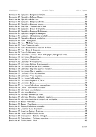 Chamilo 1.8.8 Apéndice ­ Índices Guía en Español
Ilustración 42: Ejercicios ­ Respuesta múltiple...................................................................................51
Ilustración 43: Ejercicios ­ Rellenar blancos......................................................................................52
Ilustración 44: Ejercicios ­ Relacionar...............................................................................................52
Ilustración 45: Ejercicios ­ Preguntas abiertas...................................................................................53
Ilustración 46: Ejercicios ­ Zonas de imagen.....................................................................................54
Ilustración 47: Ejercicios ­ Combinación exacta................................................................................55
Ilustración 48: Ejercicios ­ Banco de preguntas.................................................................................56
Ilustración 49: Ejercicios ­ Importar HotPotatoes..............................................................................57
Ilustración 50: Ejercicios ­ Importar IMS/QTI2.................................................................................57
Ilustración 51: Ejercicios – Herramienta resultados...........................................................................57
Ilustración 52: Ejercicios ­ Lista de resultados...................................................................................57
Ilustración 53: Foros ­ Vista global....................................................................................................58
Ilustración 54: Foro ­ Modo de vistas.................................................................................................59
Ilustración 55: Foro ­ Nueva categoría...............................................................................................59
Ilustración 56: Foro ­ Formulario de creación de foros......................................................................60
Ilustración 57: Foro ­ Tema de discusión............................................................................................62
Ilustración 58: Foro ­ Calificar este tema...........................................................................................64
Ilustración 59: Lecciones ­ Acceso a través de la página principal del curso....................................66
Ilustración 60: Lecciones ­ Herramientas...........................................................................................66
Ilustración 61: Lección ­ Crear lección...............................................................................................67
Ilustración 62: Lecciones ­ Configuración.........................................................................................68
Ilustración 63: Lecciones ­ Edición de componentes.........................................................................69
Ilustración 64: Lecciones ­ Creación de documentos.........................................................................69
Ilustración 65: Lecciones ­ Importar recursos existentes...................................................................70
Ilustración 66: Lecciones ­ Nueva sección.........................................................................................70
Ilustración 67: Lecciones ­ Vista del estudiante..................................................................................71
Ilustración 68: Lecciones ­ Vista organizar........................................................................................71
Ilustración 69: Lecciones ­ Subir audios............................................................................................72
Ilustración 70: Lecciones ­ Importar SCORM...................................................................................72
Ilustración 71: Lecciones ­ Lista.........................................................................................................73
Ilustración 72: Lecciones ­ Seleccionar prerrequisitos.......................................................................74
Ilustración 73: Cursos ­ Herramienta informes...................................................................................75
Ilustración 74: Informe de los estudiantes..........................................................................................75
Ilustración 75: Informes ­ Detalles......................................................................................................76
Ilustración 76: Informes ­ Informe del curso......................................................................................76
Ilustración 77: Informes ­ Notificar estudiantes inactivos..................................................................77
Ilustración 78: Informes ­ anunciar recordatorio de inactividad.........................................................77
Ilustración 79: Tareas ­ Opciones.......................................................................................................78
Ilustración 80: Tareas ­ Crear tarea.....................................................................................................79
Ilustración 81: Tareas ­ Parámetros avanzados...................................................................................80
Ilustración 82: Usuarios ­ Lista de usuarios.......................................................................................82
Ilustración 83: Usuarios ­ botones de acción......................................................................................82
Ilustración 84: Usuarios ­ Detalles de acceso.....................................................................................84
Ilustración 85: Evaluaciones – Pantalla principal ..............................................................................85
Ilustración 86: Evaluaciones ­ Opciones generales............................................................................86
Ilustración 87: Evaluaciones ­ Pesos...................................................................................................86
242/253
 