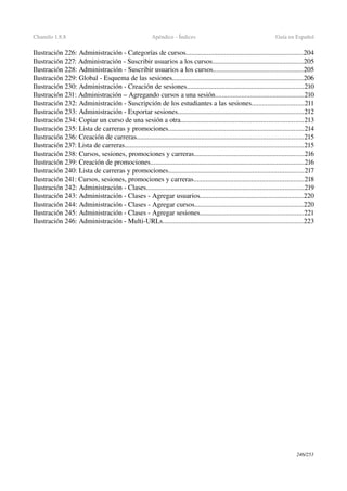 Chamilo 1.8.8 Apéndice ­ Índices Guía en Español
Ilustración 226: Administración ­ Categorías de cursos...................................................................204
Ilustración 227: Administración ­ Suscribir usuarios a los cursos....................................................205
Ilustración 228: Administración ­ Suscribir usuarios a los cursos...................................................205
Ilustración 229: Global ­ Esquema de las sesiones...........................................................................206
Ilustración 230: Administración ­ Creación de sesiones...................................................................210
Ilustración 231: Administración – Agregando cursos a una sesión...................................................210
Ilustración 232: Administración ­ Suscripción de los estudiantes a las sesiones..............................211
Ilustración 233: Administración ­ Exportar sesiones........................................................................212
Ilustración 234: Copiar un curso de una sesión a otra......................................................................213
Ilustración 235: Lista de carreras y promociones.............................................................................214
Ilustración 236: Creación de carreras...............................................................................................215
Ilustración 237: Lista de carreras......................................................................................................215
Ilustración 238: Cursos, sesiones, promociones y carreras...............................................................216
Ilustración 239: Creación de promociones........................................................................................216
Ilustración 240: Lista de carreras y promociones.............................................................................217
Ilustración 241: Cursos, sesiones, promociones y carreras...............................................................218
Ilustración 242: Administración ­ Clases..........................................................................................219
Ilustración 243: Administración ­ Clases ­ Agregar usuarios...........................................................220
Ilustración 244: Administración ­ Clases ­ Agregar cursos..............................................................220
Ilustración 245: Administración ­ Clases ­ Agregar sesiones...........................................................221
Ilustración 246: Administración ­ Multi­URLs................................................................................223
246/253
 