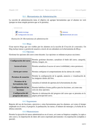Chamilo 1.8.8 Unidad Docente ­ Página principal del curso Guía en Español
8.4 ­ Herramientas de Administración
La sección de administración tiene el objetivo de agrupar herramientas que el alumno no verá 
(porque no tiene ningún permiso que se lo permita).
8.4.1 Blogs
Crear nuevos blogs que son visibles por los alumnos en la sección de Creación de contenidos. Un 
blog incluye tareas y gestión de usuarios a través de un calendario en la herramienta de Blogs.
8.4.2 Opciones
Gestionar las opciones del curso como docente. Las opciones se ordenan en pocas secciones:
Configuración del curso
Permite gestionar docentes, actualizar el titulo del curso, categoría, 
idioma, imagen, etc.
Acceso al curso Permite actualizar el acceso al curso (visibilidad y otros permisos).
Alerta por correo Permite configurar el comportamiento de las alertas de e­mails.
Permisos de usuarios
Permite la configuración de la agenda, anuncios o visualización de 
las imágenes dentro del foro.
Permisos de la 
herramienta chat 
Actualiza el método de apertura de la herramienta de chat.
Configuración de las 
lecciones
Permite habilitar el tema gráfico para las lecciones, así como una 
serie de otras opciones. 
 Configuración del 
progreso del curso
Muestra la información del progreso del curso que se presenta en la 
página principal del curso.
8.4.3 Seguimiento
Reporte del uso de lecciones, ejercicios y otras herramientas para los alumnos, así como el tiempo 
empleado en el curso, el progreso, la puntuación, las tareas, el número de mensajes y la fecha de su 
última conexión.
8.4.4 Mantenimiento
Permite la ejecución de tareas administrativas en el curso, así como su limpieza completa, la copia a 
otro curso y la importación de datos del curso exportado previamente o la exportación (completa o 
parcial). 
34/253
Ilustración 24: Herramientas de administración
 