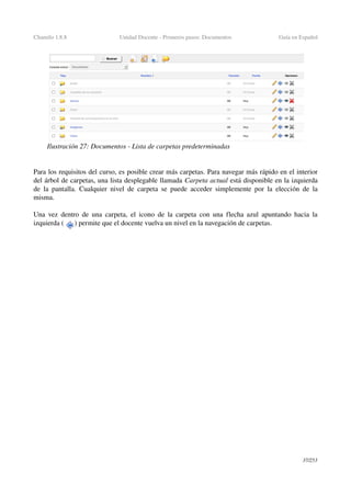 Chamilo 1.8.8 Unidad Docente ­ Primeros pasos: Documentos Guía en Español
Para los requisitos del curso, es posible crear más carpetas. Para navegar más rápido en el interior 
del árbol de carpetas, una lista desplegable llamada Carpeta actual está disponible en la izquierda 
de la pantalla. Cualquier nivel de carpeta se puede acceder simplemente por la elección de la 
misma.
Una vez dentro de una carpeta, el icono de la carpeta con una flecha azul apuntando hacia la 
izquierda (      ) permite que el docente vuelva un nivel en la navegación de carpetas.
37/253
Ilustración 27: Documentos ­ Lista de carpetas predeterminadas
 